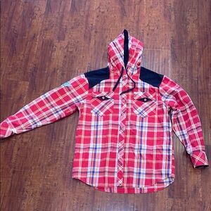 Red and Black Hooded Sweatshirt with Plaid Design